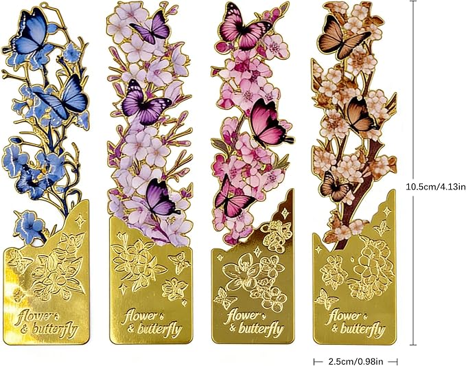 4 Pack Butterfly Flower Bookmarks - Hollow Metal Bookmarks for Book Lovers, Aesthetic Floral Book Markers, Durable Page Markers, Perfect Gift for Readers (Assorted Colors)
