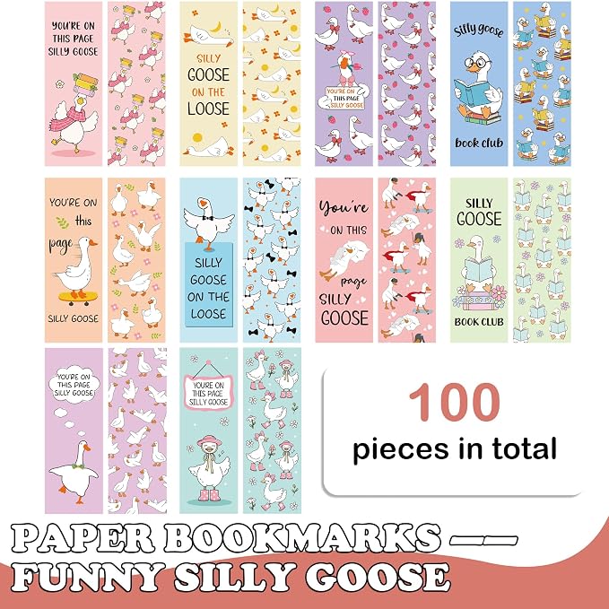 Cute Goose Bookmarks for Readers, 100 Pcs Funny Reading Bookmarks with Quotes “You’re on This Page Silly Goose”, Double-Sided Matte Coated Paper, Gifts for Women Men Students Book Lovers