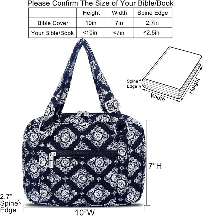 Bible Cover for Women with Adjustable Straps, Large Study Bible Carrying Case Bag with Zip Pocket, 10x7x2.7 Inches
