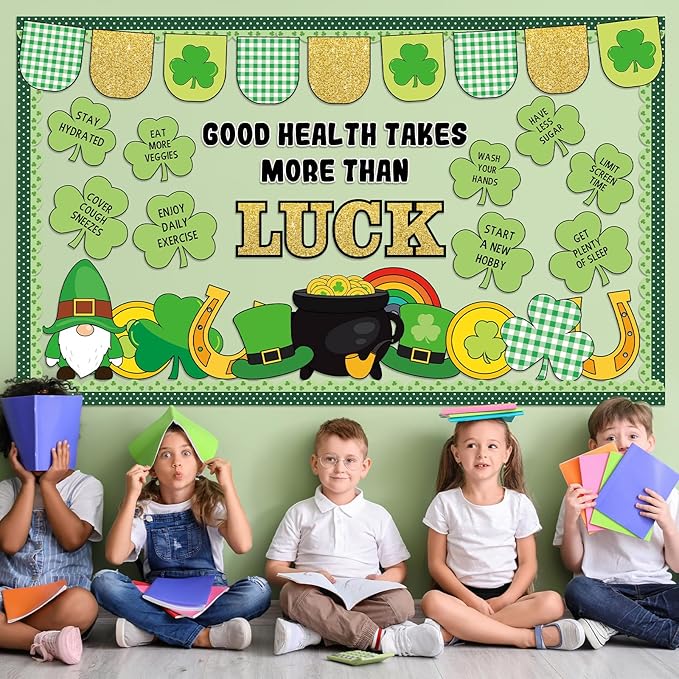 St. Patrick's Day Healthy Bulletin Board Set Lucky Shamrock Classroom Decoration Clover Leprechaun Hat Gold Coin Jar St.Patrick's Paper Cutouts for Teachers School Chalkboard Wall Decor