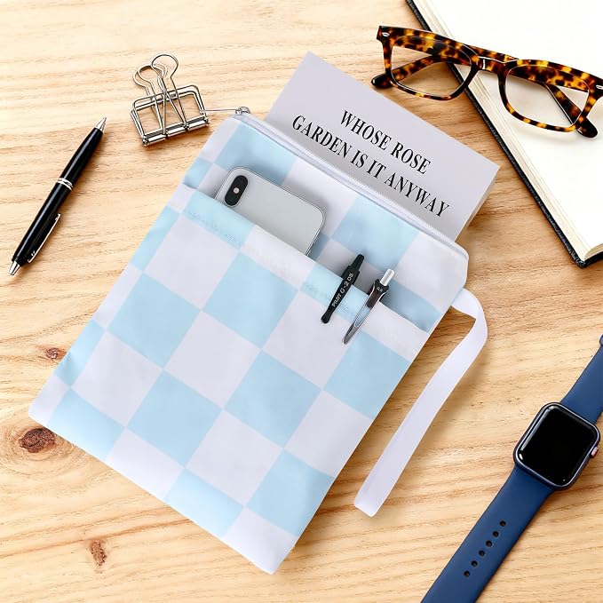 Book Sleeve with Zipper, 11''x 9'' Waterproof Paperback Sleeve for Book Lovers Books Pouch Cover with Handle for Hardcovers Kindle Sleeve for Reader Teacher Women (Blue and white grid, 11x 9 inch)
