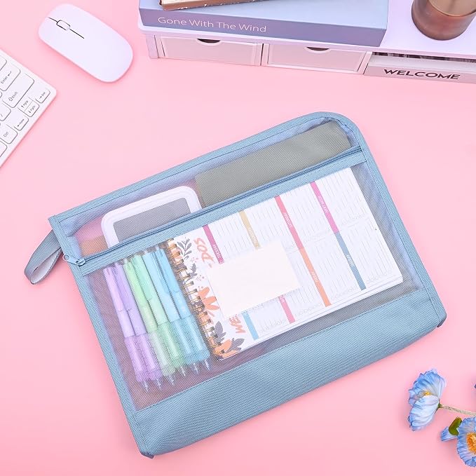 Mesh Zipper Pouch Bag with Handle, A4 Sized Double-Layer Clear Nylon Document Bags with Label, 14 x 10 in File Storage Organizer for School Office Travel Supplies (Blue)