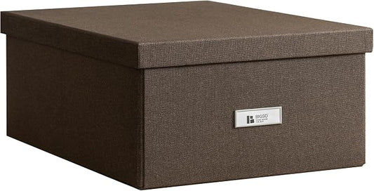 Bigso Katrin Collapsible Storage Box with Lid - Decorative Photo Storage Box with Label Holder for Easy Identification - Simple Assembly without Tools - W13.5 x D17.6 x H7.2 (inches) - Dark Brown