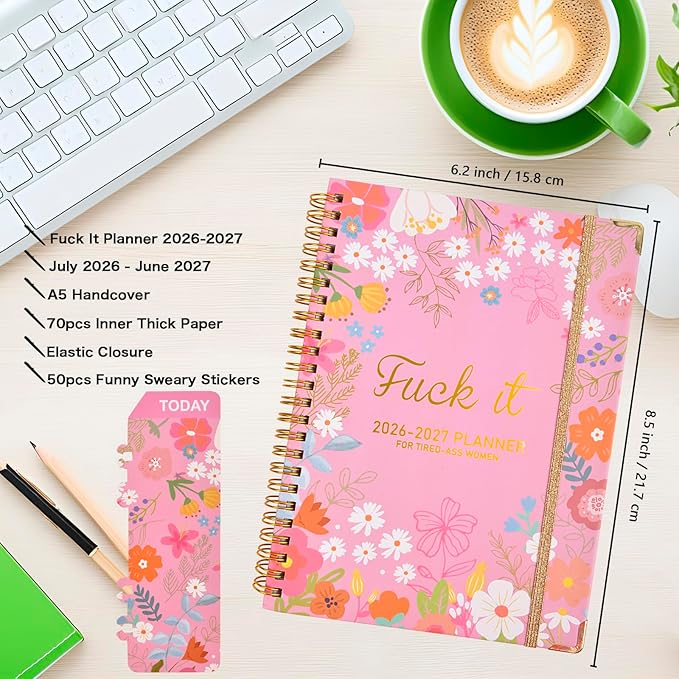 Fuck it Planner Calendar 2026-2027 - A5 6.2*8.5" Weekly Monthly Swear Notebook for Goals Productivity, Fucking Sweary Daily Agendas Organizer Get Shit Done Journal, Funny Gifts for Tired Women, Pink