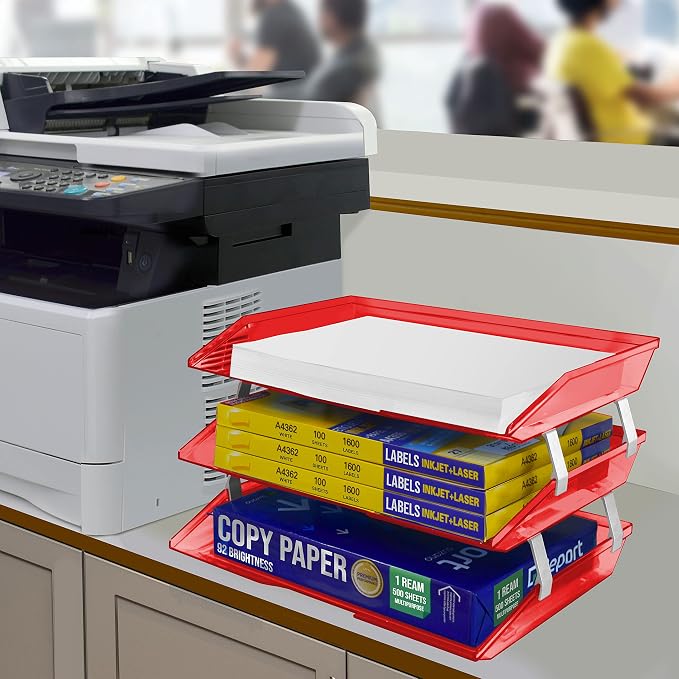 Acrimet Facility 3 Tier Letter Tray, Side Load, Letter Size/A4, Desktop File Organizer, Plastic (Clear Red Color)