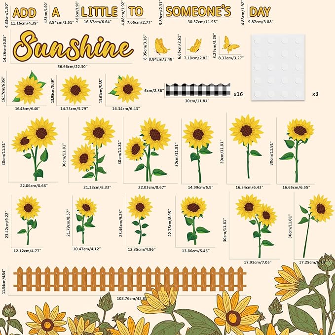 Sunflower Bulletin Board Decoration Spring Summer Cutout Set with Butterflies Fences Bulletin Cardboard Motivational Sayings Cutouts for Classroom Window Wall Door Home Office Nursery School Decor