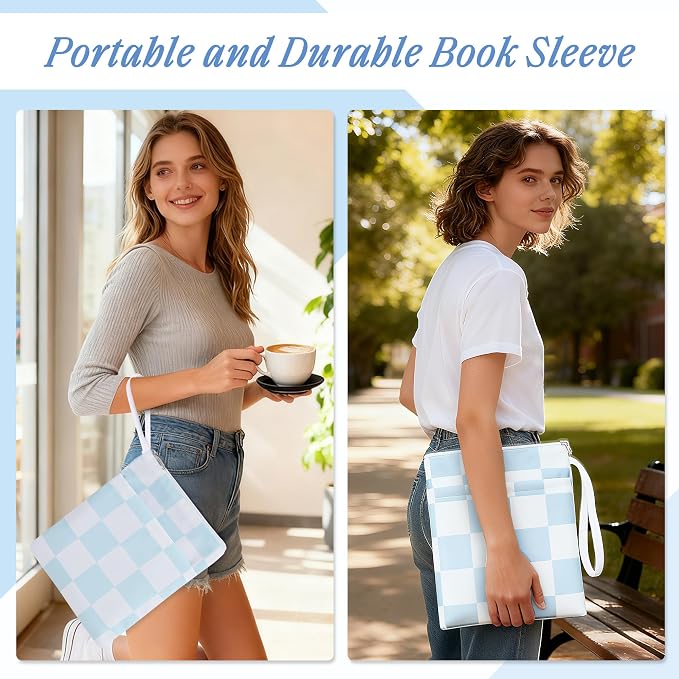 Book Sleeve with Zipper, 11''x 9'' Waterproof Paperback Sleeve for Book Lovers Books Pouch Cover with Handle for Hardcovers Kindle Sleeve for Reader Teacher Women (Blue and white grid, 11x 9 inch)