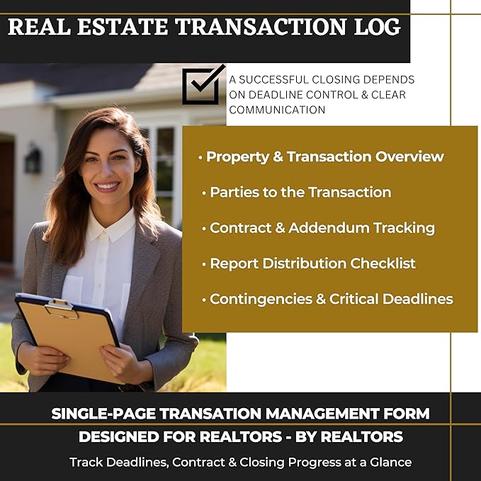 Real Estate Agent Supplies - Real Estate Transaction Log Notepad, a Closing Checklist Planner Pad for Realtor File Folders to Organize Sale Pipeline. Made in the USA.