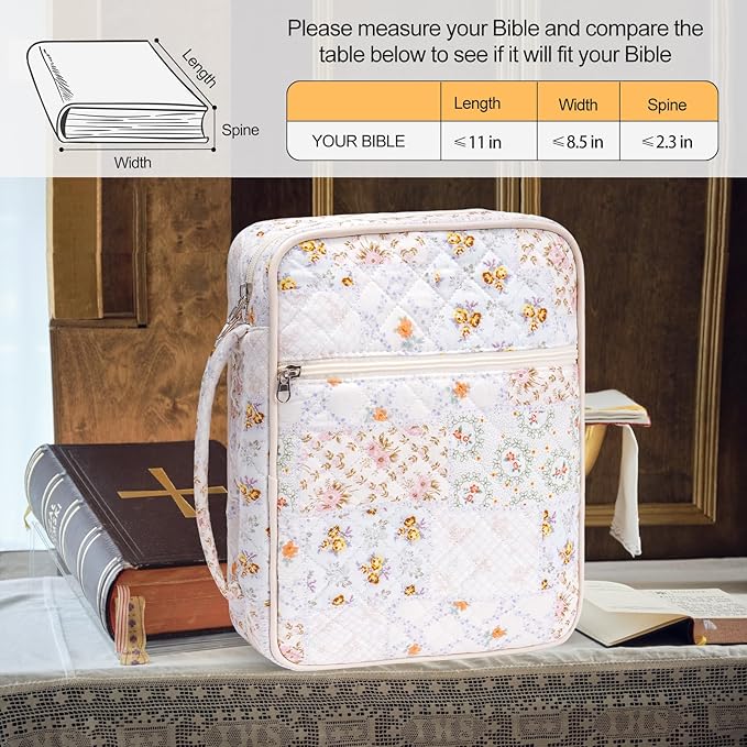 Large Bible Cover Case for Women,Quilted Bible Bag,Floral Bible Storage Bags with Zipper Pocket and Handle