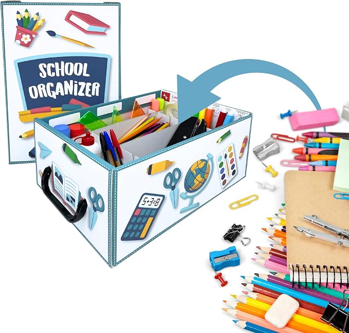 Lavatelli: School Organizer Box - Lid & Handles, Decorative Cardboard Storage, Dividers, Pen Holder, Classroom-Home-Office-Desk, 12.8 x 8.9 x 5.9