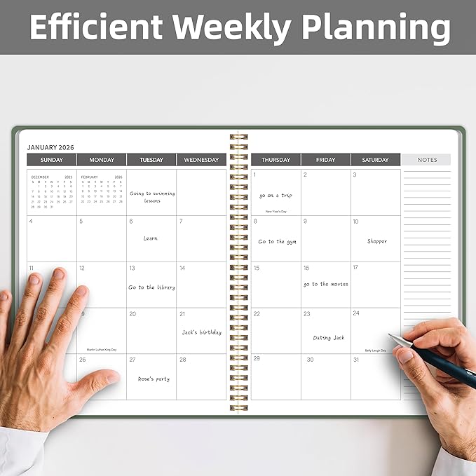 Monthly Planner Jan 2026 - Dec 2027, Calendar Planner for 24 Months, 9×11 Inch, Teacher Monthly, Waterproof PVC Cover, Spiral Bound, Time Management Calendar, Perfect for School & Office (Green)
