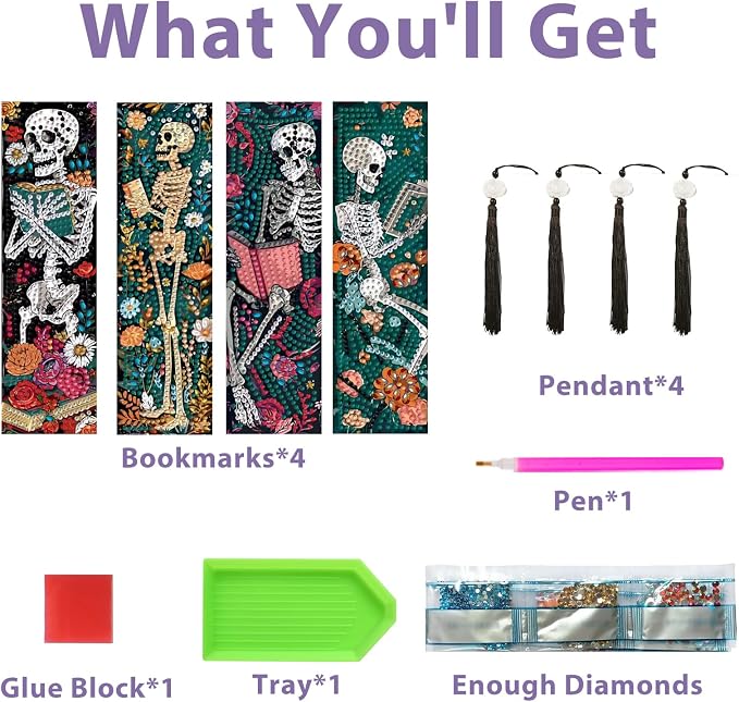 Skull Diamond Art Bookmarks for Adults, 4 PCS Reading Diamond Painting Bookmarks with Pendant, 5D Gem Art, Acrylic Bookmark DIY Crafts for Books Decor Gift