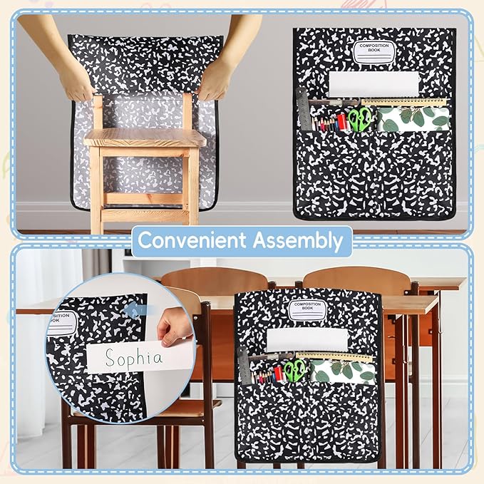 24Pcs Composition Chair Pockets for Classroom Composition Chair Back Buddy Pocket with Name Tags 17x20In Chairs Organizer 3 Pockets Seat Storage Pocket for School Classroom Daycare Home Supplies