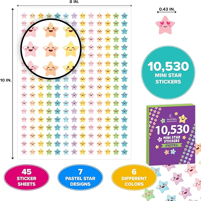 Decorably 10,530 Pastel Reward Stickers for Kids Classroom - 45 Sheets with 7 Vibrant & Cute Designs for School Activities, Positive Reinforcement, Arts & Crafts, Scrapbooking, Gift