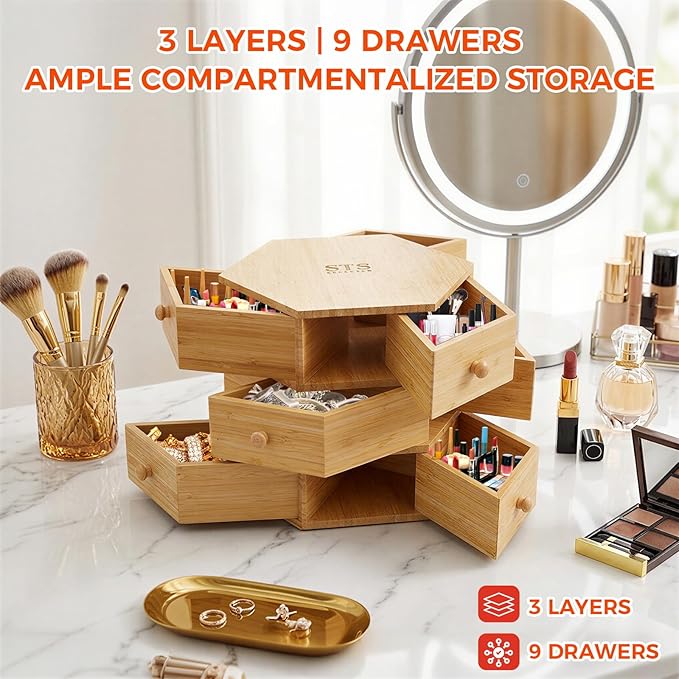 360° Rotatable Bamboo Desktop Organizer, Large Capacity Cosmetic & Jewelry Storage for Makeup Serum, Diamond, Easy Setup No Assembly (3-Tier 9-Drawers)
