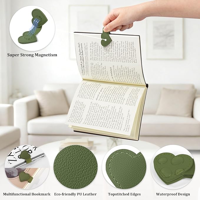 2Pcs Magnetic Leather Heart Bookmarks with Pen Holder, Cute Book Markers Clip with Gift Box, Reading Accessories for Book Lovers Women Teachers Students, Dark Green
