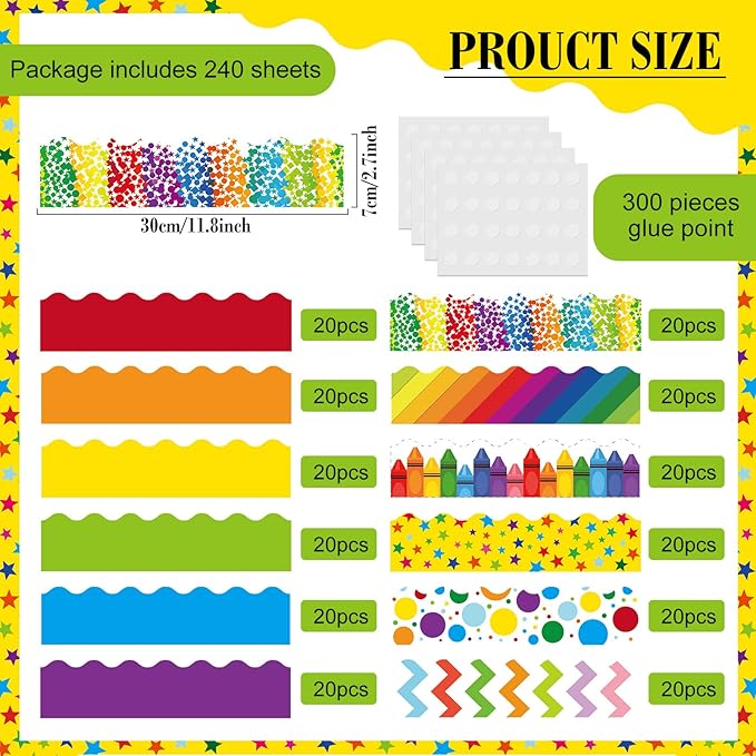 240 Pcs 236ft Holiday Bulletin Board Borders Colorful Rainbow Scalloped Border Trim Bulk Bulletin Decor for Classroom Back to School Decor(Fresh Style)