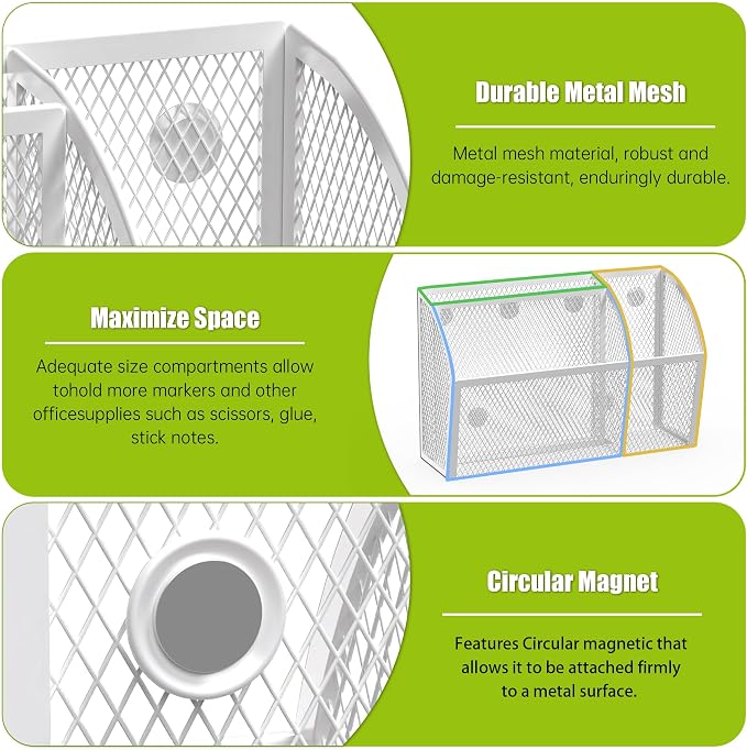 YINGHUA Strong Magnetic Pen Holder for Whiteboard and Refrigerator 3 Compartments Metal Mesh Organizer Space Saving Shelf for Office School Home and Locker - White