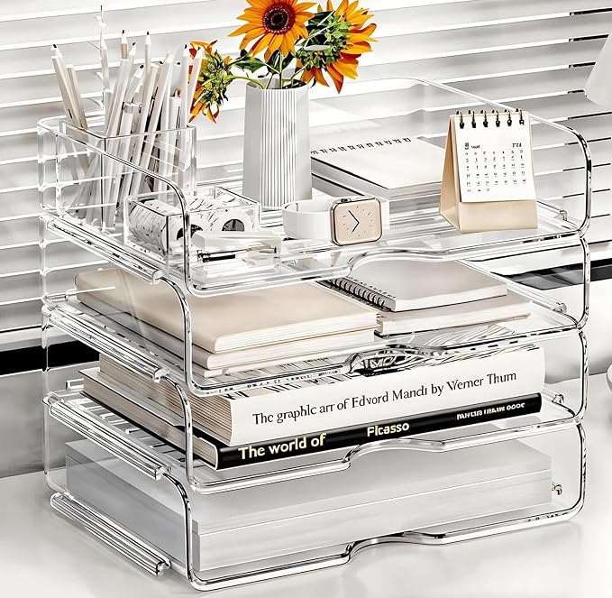 DCA Large Capacity Desk Organizer, 4 Tier Paper Organizer, File Organizer for Desk, Stackable Paper Tray for Office, Home and School