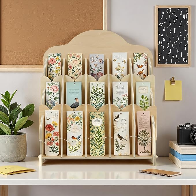 Ebrima Bookmark Display Stand, Wood Bookmark Holder Display for 2”, Adjustable Stand, 15 Compartments, Portable Versatile Holder for Vendor, Craft Fairs, Retail Store Shop, Home decor
