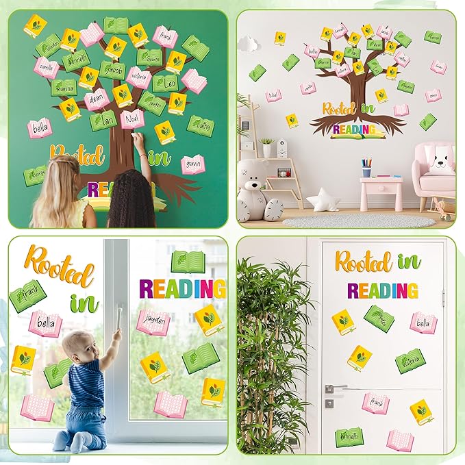CY2SIDE Reading Tree Bulletin Board - 55PCS Rooted in Reading Tree Cutout for Bulletin Border Sets Books Name Tags Leaves Cutout Trim Border Kit Back to School Chalkboard Wall Decoration Supplies