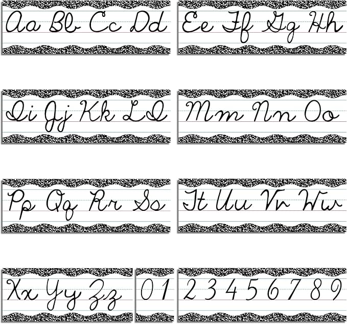Set of 9 Cursive Writing Bulletin Board Cursive Alphabet Wall Strip for Teacher Supplies, Classroom Teaching Tool, Homeschooling, Kids Education (Composition)