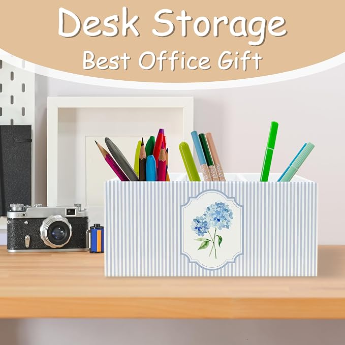 Blue Hydrangea Pen Pencil Holder Organizer for Desk, Blue and White Striped Floral Cottagecore Wooden Box Block Sign for Home Office Tabletop Decor
