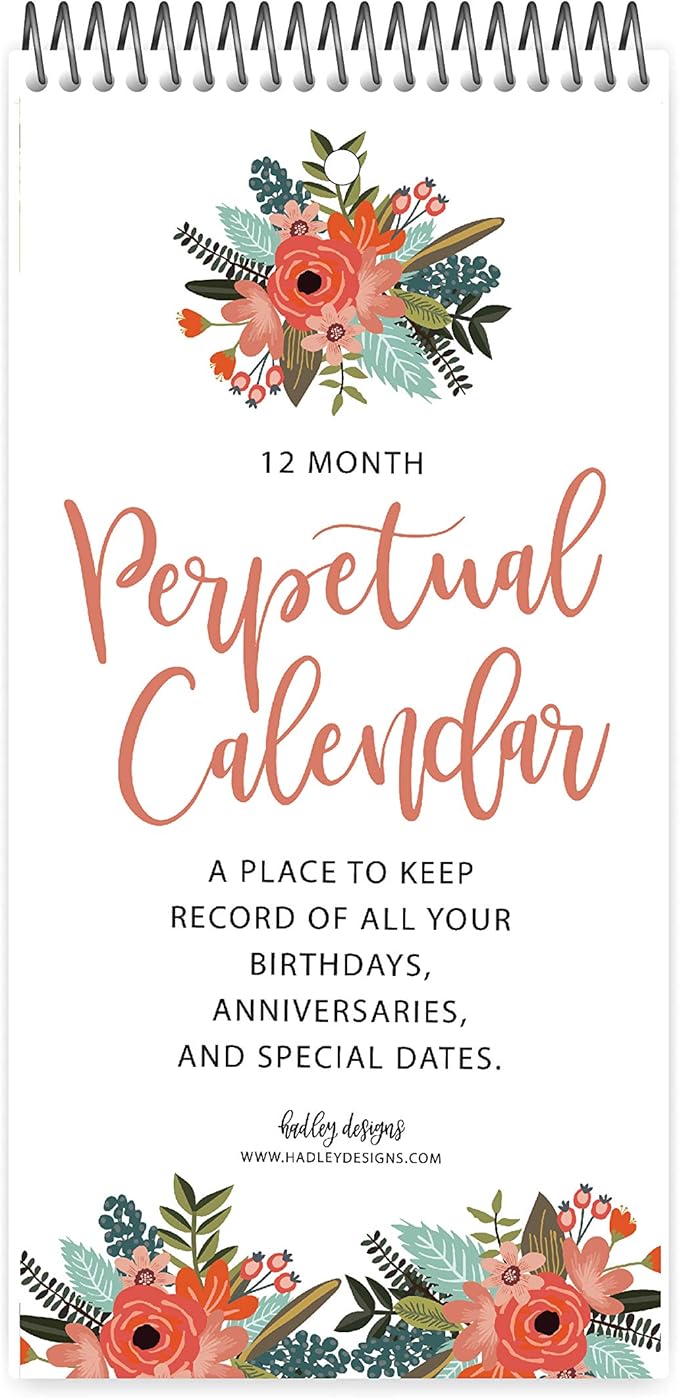 Hadley Designs Floral Perpetual Birthday, Anniversary, Special Event Reminder Calendar Book Journal for Important Family Date Remembrance Wall Hanging, Mom Dutch Bday Gift Card Planner Organizer