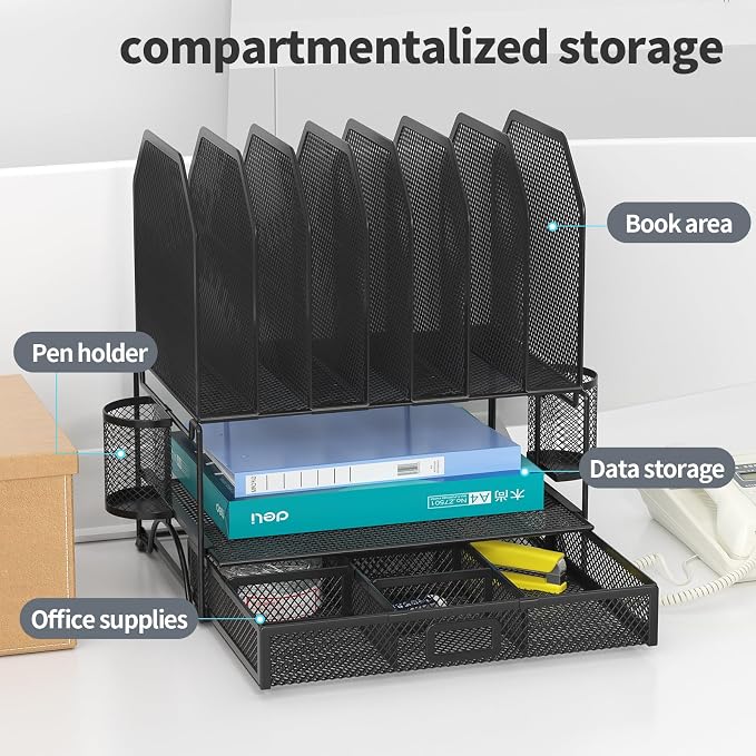 FANXIYQ Metal Desk Organizer with Sliding Drawer, 7-Section File Organizer for Desk, Desktop File Folder & Paper Organizer with 2 Hanging Pen Holders, Office Supplies Organizer, Black