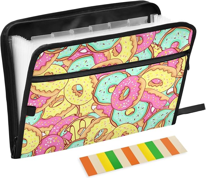 Donut Pink 13 Pockets Expanding File Folder with Sticky Labels Accordion File Folder Document Organizer Letter Size A4 Papers Expandable File Keeper