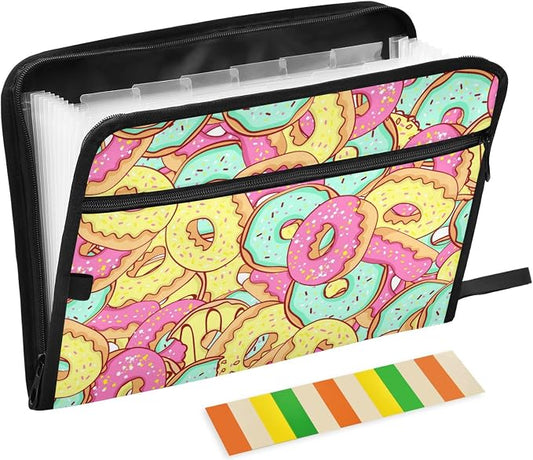 Donut Pink 13 Pockets Expanding File Folder with Sticky Labels Accordion File Folder Document Organizer Letter Size A4 Papers Expandable File Keeper