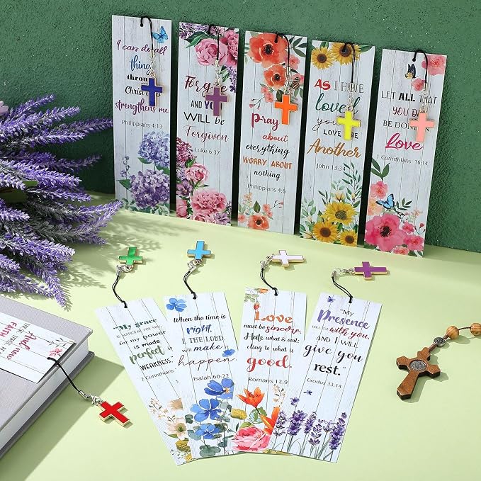 Gersoniel 30 Pcs Christian Bookmarks for Women Bible Verse Inspirational Scripture Bookmark Bulk Religious Page Marker with Cross Pendant for First Communion Mother Day Church Gift(Flower Style)