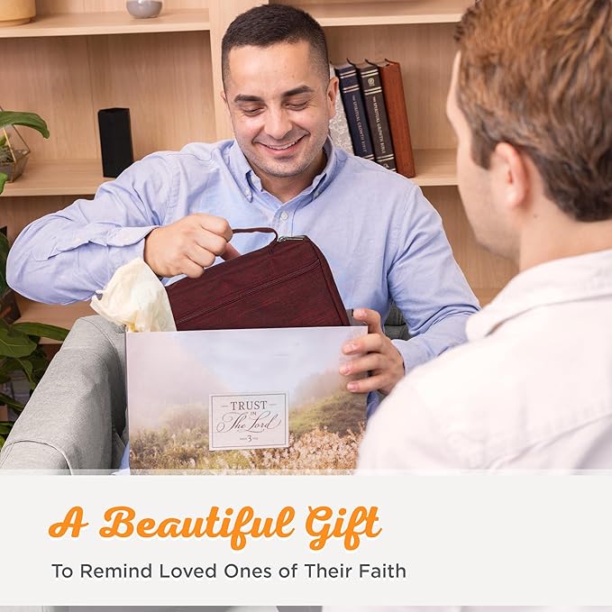 Christian Art Gifts Polyester Bible Cover for Men & Women w/Jesus Fish Patch, Secure Zipper Pocket, Pen Loops, Easy Carry Stationery Book Case, Accessories, Burgundy, Large