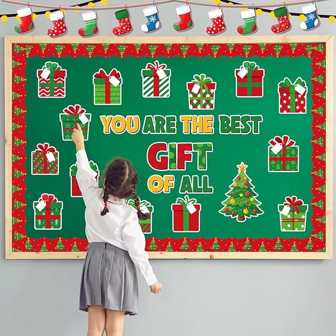 86 Pcs Christmas Bulletin Board with Christmas Tree Borders Christmas Xmas Gift Boxes Cutouts Winter Holiday Classroom Bulletin Board for Classroom Decoration School Home Holiday Party