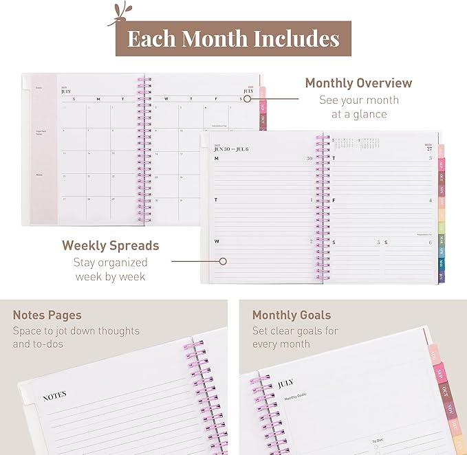 Rileys Academic Planner 2025-2026, Daily, Weekly & Monthly Planner, July 2025 - June 2026, Student Notes Pages, Twin-Wire Binding, Weekly Agenda for School & Work (8 x 6-Inches, Pink, Diagonal)