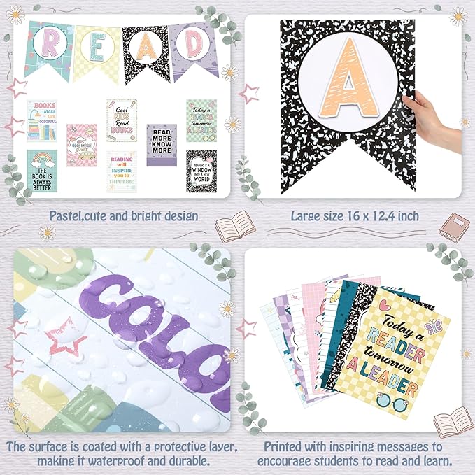 Reading Classroom Decorations Library Posters Bulletin Board Sets for Elementary Classroom Pennants Decor for Back to School Nursery Library Teacher Supplies(Macaron Colors)