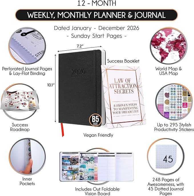 Deluxe 2026 Planner Weekly and Monthly | Law of Attraction Planner with Productivity App | 12-Month for Productivity, Gratitude & Goal Setting | Includes Foldable Vision Board, Gift Box & Stickers
