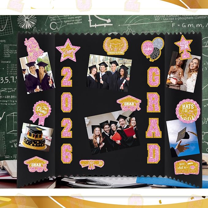 AmazingSpark 4 Sets Graduation Photo Display Board Trifold Poster Board with 12 Graduation Themed Stickers for 2026 Grad Party Decoration Picture Collage Frame Supplies (24 x 16,Pink Gold)