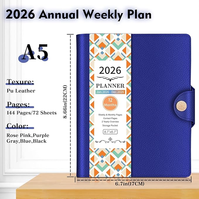 2026 Weekly & Monthly & Daily Planner from Jan 2026 - Dec 2026, Pu Leather Cover Planner, Academic Agenda Planning Organizer with 100GSM Thick Paper, A5 Size, Dark Blue