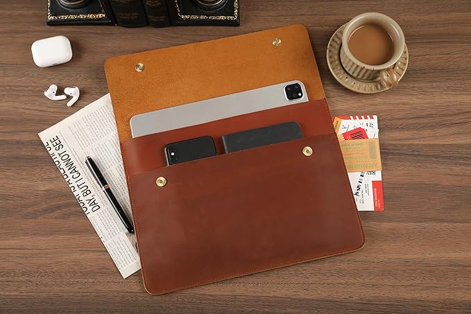 Leather Tablet Sleeve - 12.9 Inch iPad Sleeve, Document Holder Folio File Holder, Genuine Leather Laptop Sleeve Case for Protection and Style-Brown-Custom