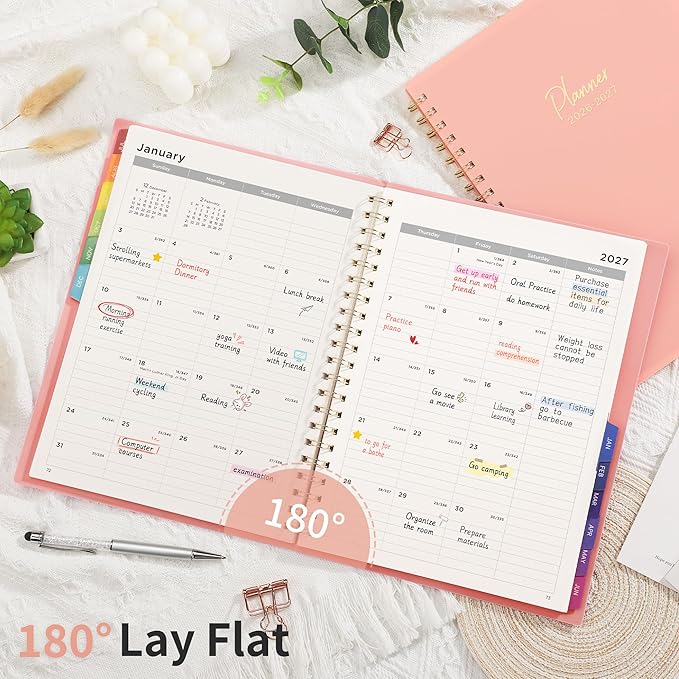 EMSHOI 2026-2027 Appointment Book, A4 15-Minute Hourly Planner, July 2026 - June 2027, Academic Planner Weekly and Monthly, 100GSM Thick Paper, Flexible Cover, Note Pages, Colorful Tabs, Pink