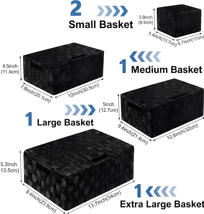 5 Piece Woven Storage Basket Set with Lids, Black Polypropylene Organizer Bins with Metal Frame and Handles, Multi Size Shelf Closet Drawer Storage Boxes