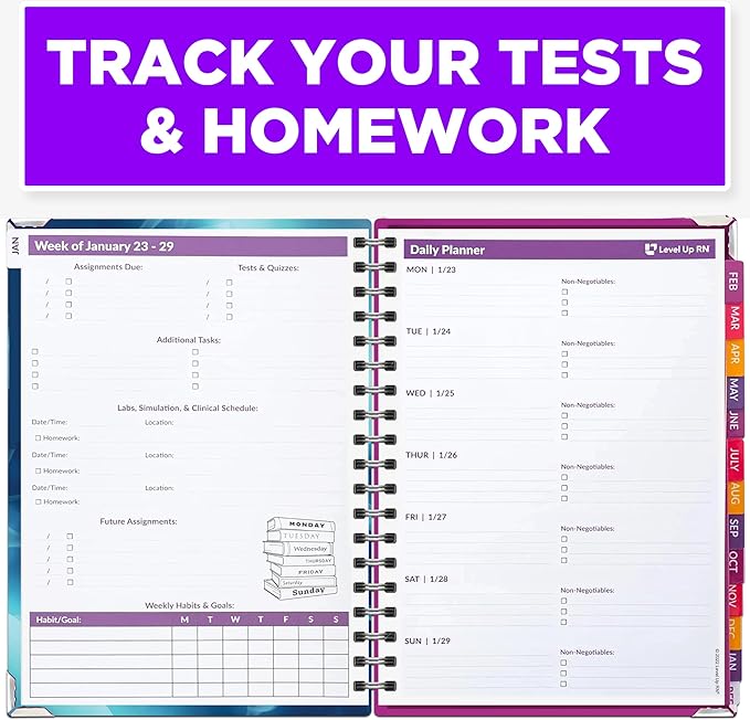 Nursing School Study Planner - Nursing Student Gifts - Spring 26/Fall 26 Calendar Year - Dates Start January 1st 2026 through January 31st 2027