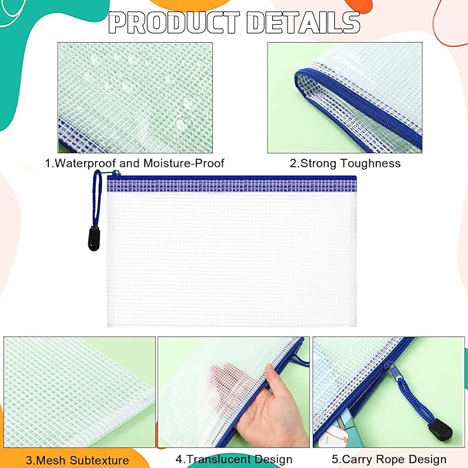Handepo 80 Pieces Mesh Zipper Pouch Waterproof Pencil Pouch Zipper Plastic Zip File Document Folders for Office Home School