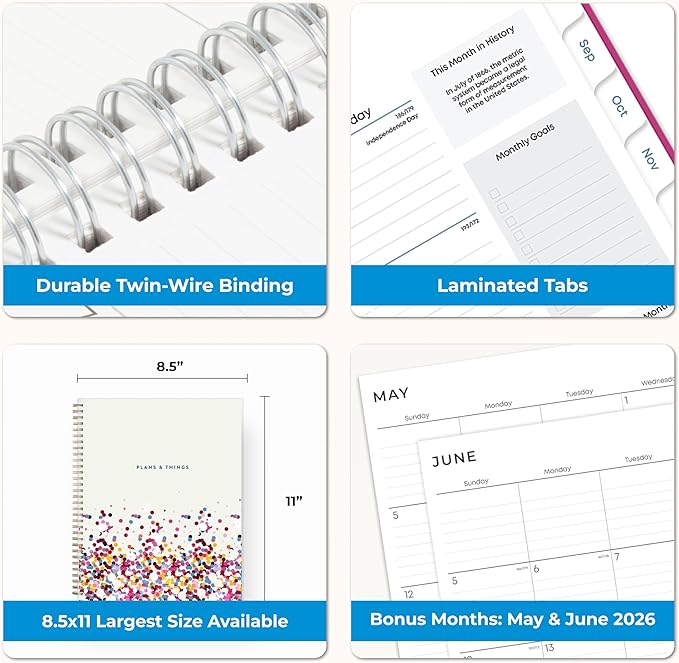 Blue Sky 2026-2027 Weekly and Monthly Academic Year Student Planner Calendar, July 2026 - June 2027, 8.5" x 11", Flexible Cover, Wirebound, Laminated Tabs, Star Confetti Bright