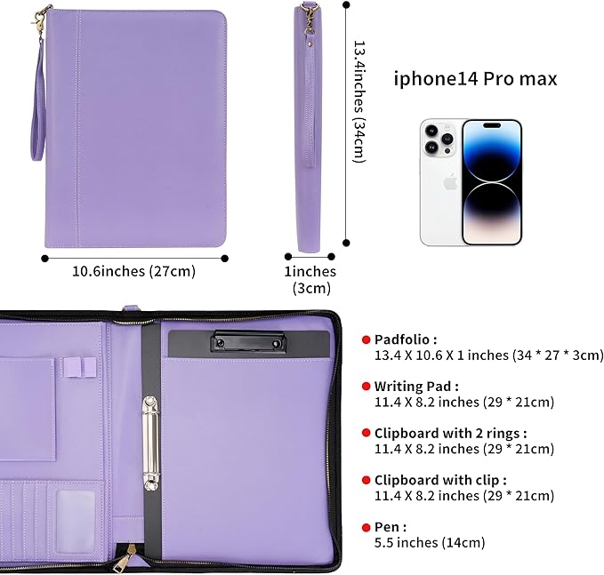 Wason A4 Portfolio with Zipper - Leather PU Padfolio with Detachable Ring Binder and Writing Notepad Holder, Conference File Multi-Pockets Organizer for Office Travel School (Purple)