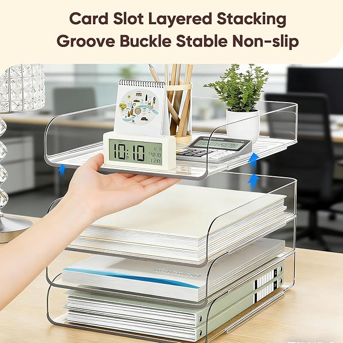 HIYOHIYO Clear Office Desk Organization for A4 Letter Paper, 4-Tier | Vertical Style, Stackable, Large Capacity, Sturdy Office Organizer for File Folder, Stable Home Desktop Holder and Storage