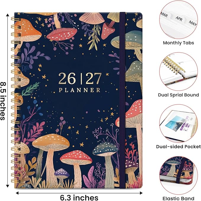 2026–2027 Academic Planner, Weekly and Monthly Planner for Women, July 2026 - June 2027, Pretty Hardcover 2026–2027 Academic Planner with Tabs, Inner Pocket, Spiral Bound, Perfect Office Home School Supplies - 6.3" x 8.5", Mushroom Party