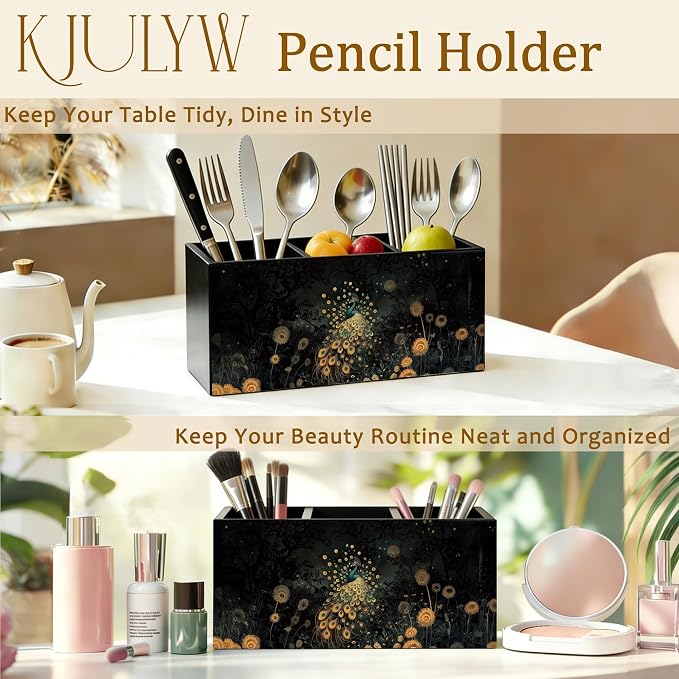 Peacock Pen Holder for Desk, Peacock Gifts for Women, Dark Academia Moody Floral Peacocks Wooden Box Pencil Pen Holder Organizer for Home Office Desk Accessories