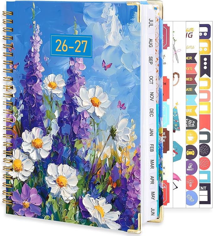 2026-2027 Planner, Weekly and Monthly Planner, July 2026-June 2027, Calendar Planner A5 (6.1" x 8.4") with Tabs, Inner Pocket for Home School Office Supplies, Purple Flower